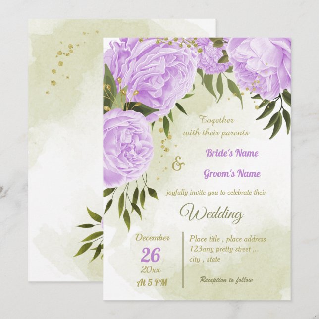 pretty purple flowers greenery geometric wedding invitation (Front/Back)