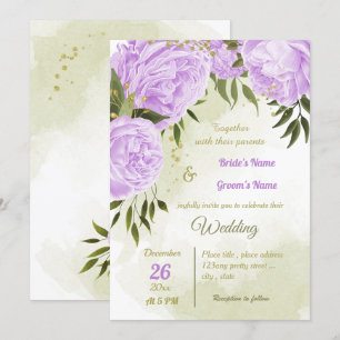 pretty purple flowers greenery geometric wedding invitation