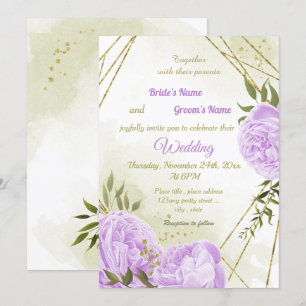 pretty purple flowers greenery geometric wedding invitation