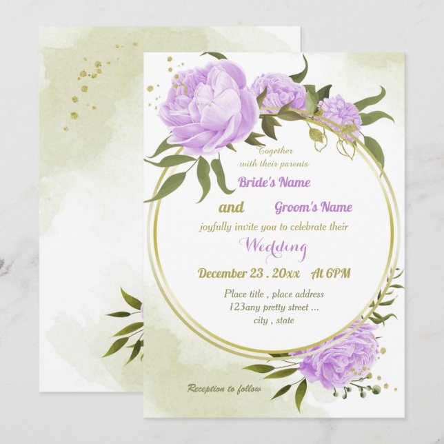 pretty purple flowers greenery geometric wedding invitation (Front/Back)