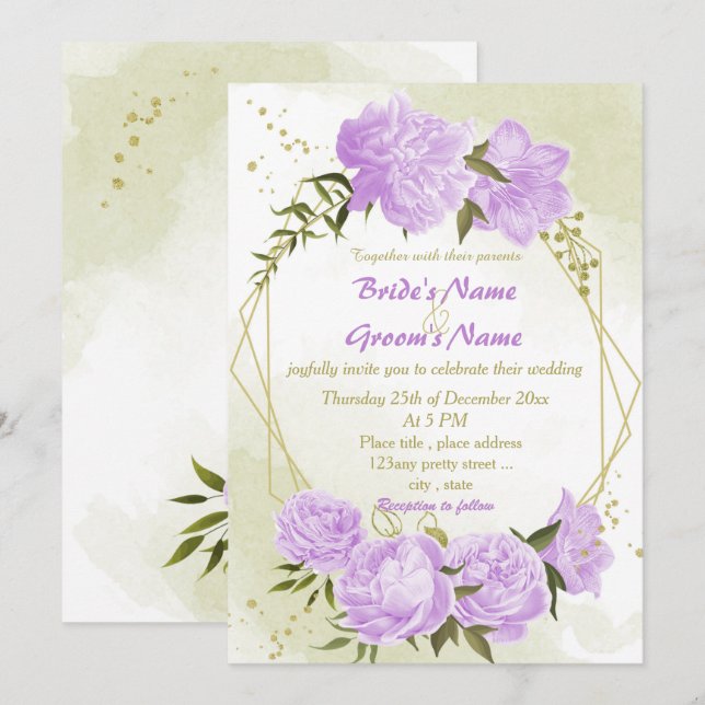 pretty purple flowers greenery geometric wedding invitation (Front/Back)