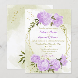 pretty purple flowers greenery geometric wedding invitation