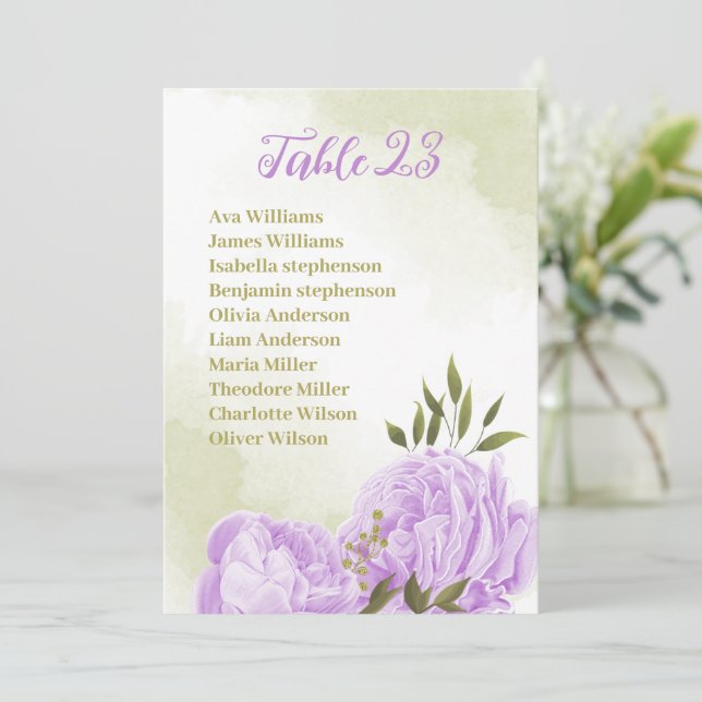 pretty purple flowers greenery seating chart card (Standing Front)