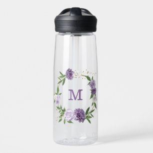 Pretty purple flowers greenery water bottle