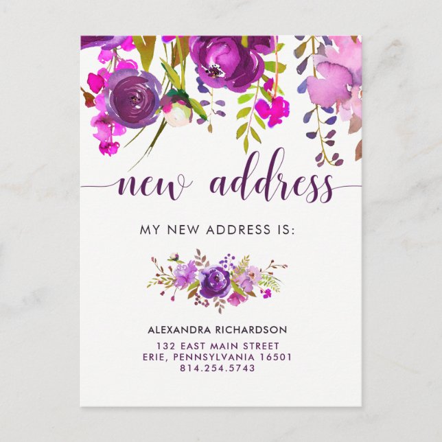 Pretty Purple Flowers | New Address Announcement Postcard (Front)