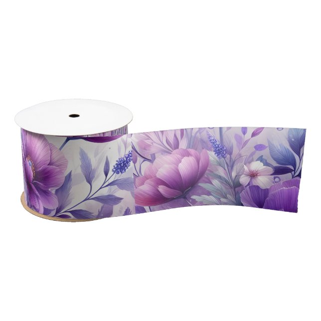 Pretty Purple Flowers Satin Ribbon (Spool)