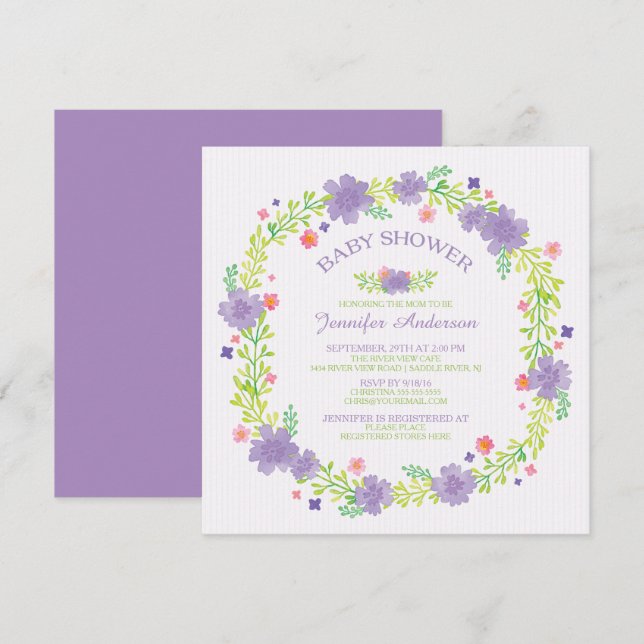Pretty Purple Flowers Wreath Girls Baby Shower Invitation (Front/Back)
