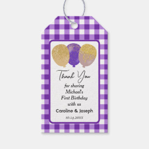 Pretty Purple Gingham, Glitter Balloons Birthday Gift Tags