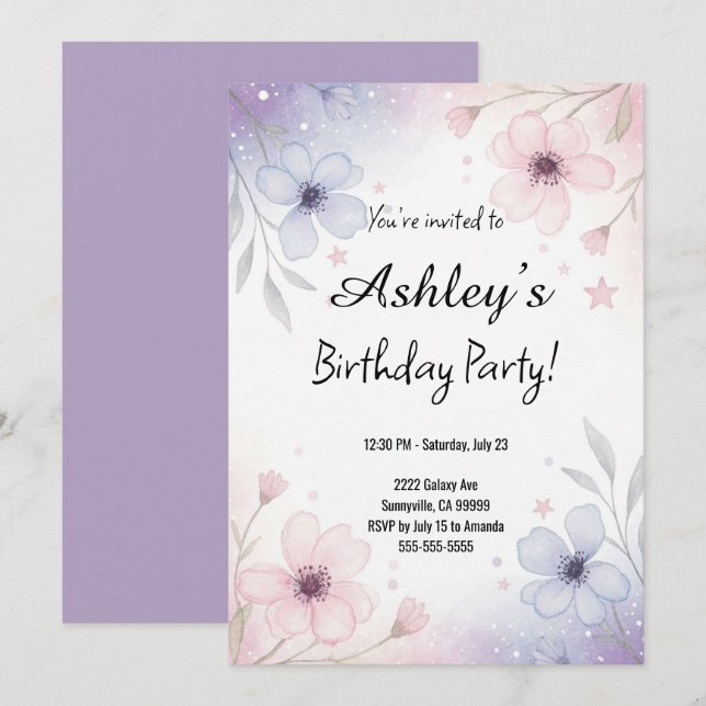 Pretty Purple Girl's Flower Birthday Party Invitation (Front/Back)