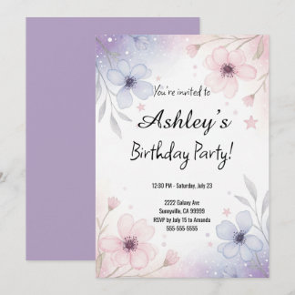 Pretty Purple Girl's Flower Birthday Party Invitation
