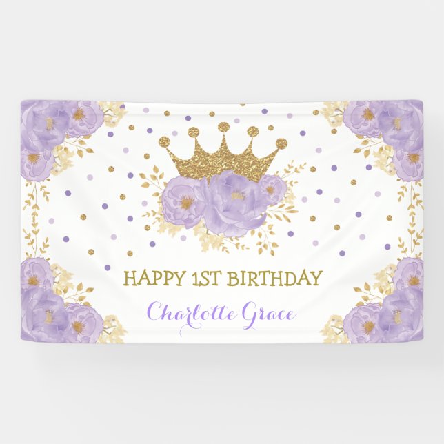 Pretty Purple Gold Floral Crown Princess Birthday Banner (Horizontal)