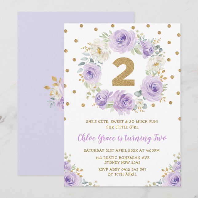 Pretty Purple Gold Floral Rose 2nd Birthday Party Invitation (Front/Back)