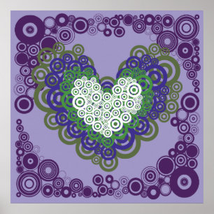 Pretty Purple Green Hearts and Circles Pattern Poster