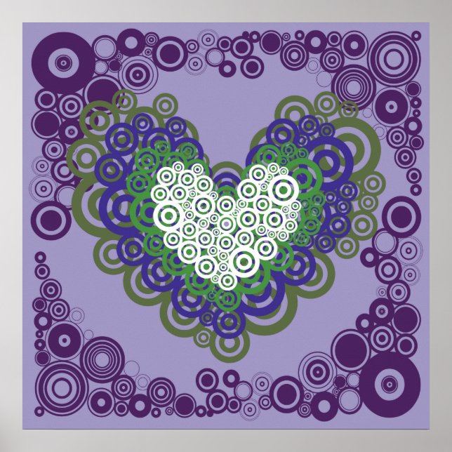 Pretty Purple Green Hearts and Circles Pattern Poster (Front)