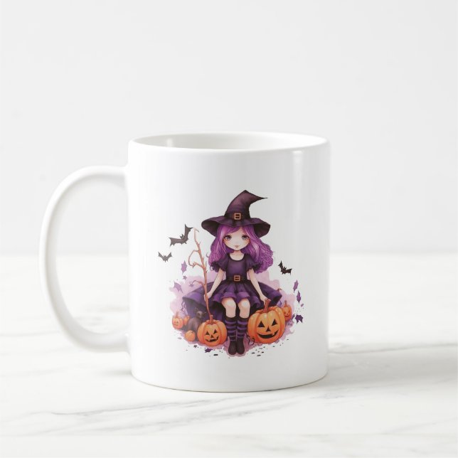 Pretty Purple Haired Witch Pumpkins & Bats Coffee Mug (Left)