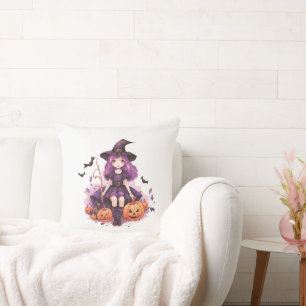 Pretty Purple Haired Witch Pumpkins & Bats Cushion