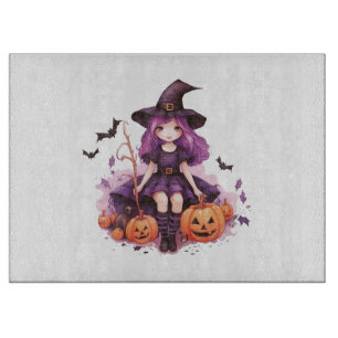 Pretty Purple Haired Witch Pumpkins & Bats Cutting Board