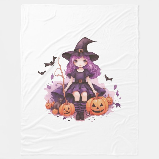 Pretty Purple Haired Witch Pumpkins & Bats Fleece Blanket (Front)