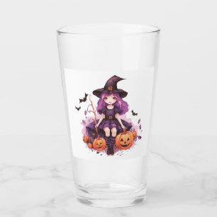Pretty Purple Haired Witch Pumpkins & Bats Glass