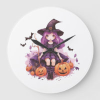 Pretty Purple Haired Witch Pumpkins & Bats