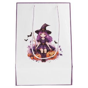 Pretty Purple Haired Witch Pumpkins & Bats Medium Gift Bag