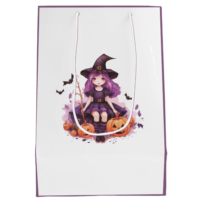 Pretty Purple Haired Witch Pumpkins & Bats Medium Gift Bag (Back)