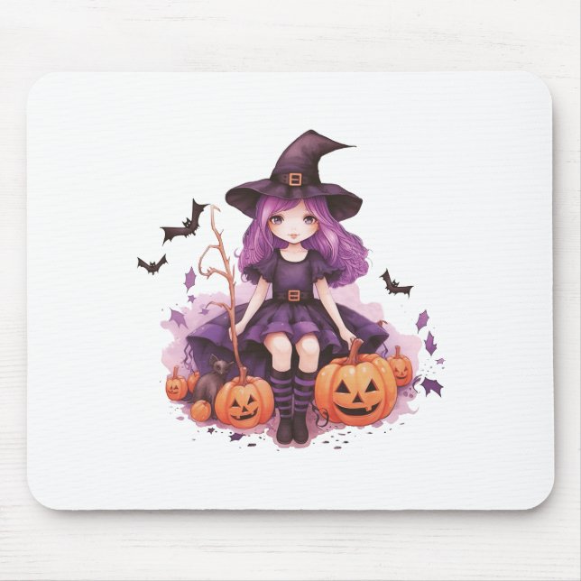 Pretty Purple Haired Witch Pumpkins & Bats Mouse Mat (Front)
