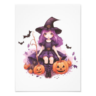 Pretty Purple Haired Witch Pumpkins & Bats Photo Print