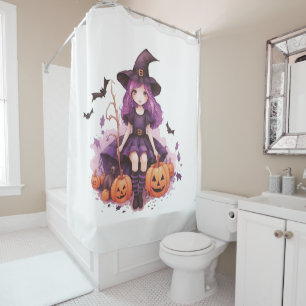 Pretty Purple Haired Witch Pumpkins & Bats Shower Curtain
