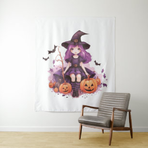 Pretty Purple Haired Witch Pumpkins & Bats Tapestry