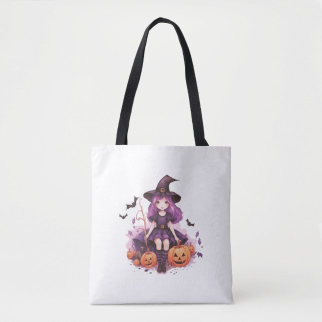 Pretty Purple Haired Witch Pumpkins & Bats Tote Bag (Front)