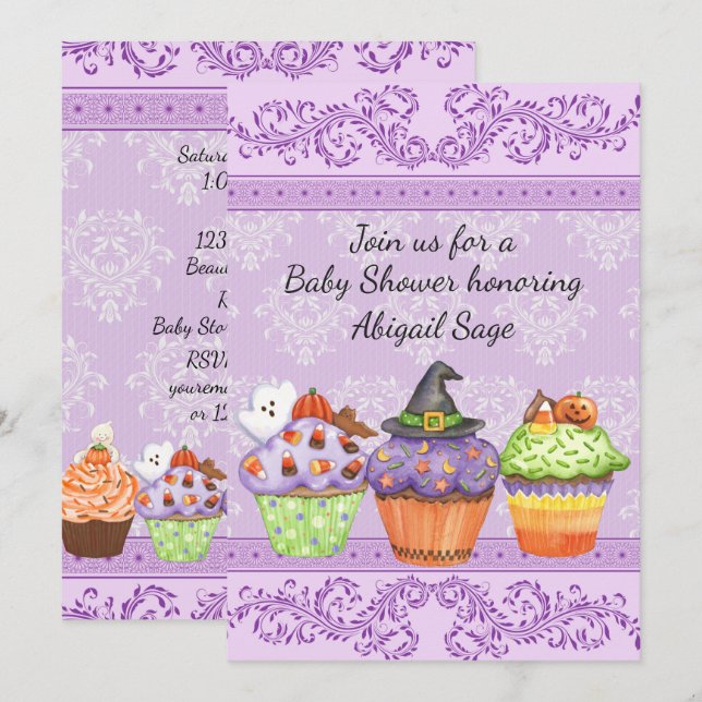 Pretty Purple Halloween Cupcakes Baby Shower Invitation (Front/Back)