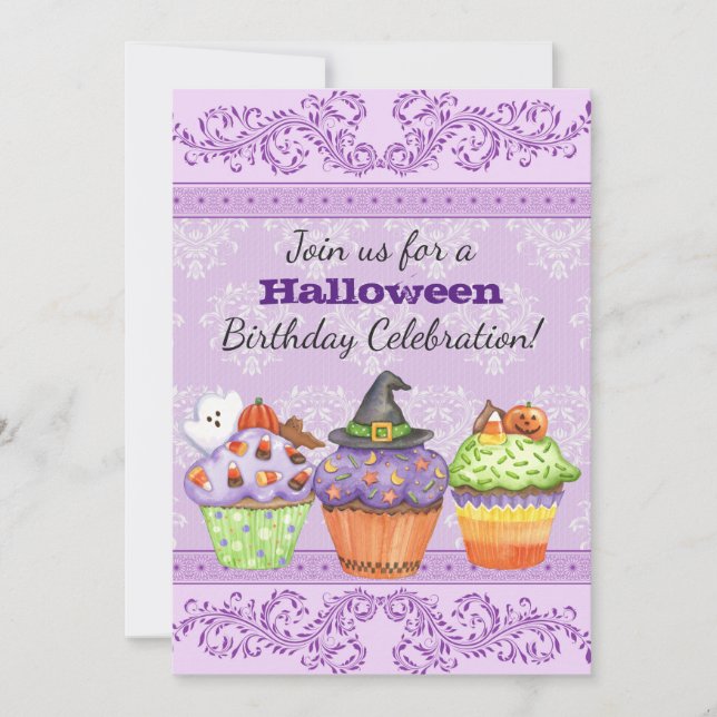 Pretty Purple Halloween Cupcakes Birthday Invite (Front)