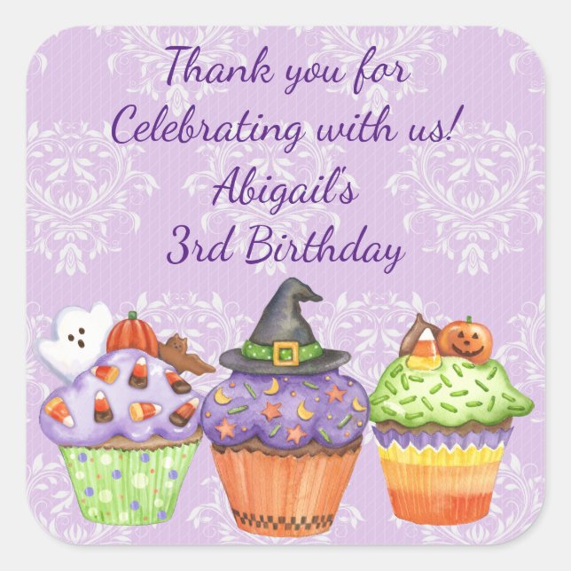 Pretty Purple Halloween Cupcakes Birthday Square Sticker (Front)