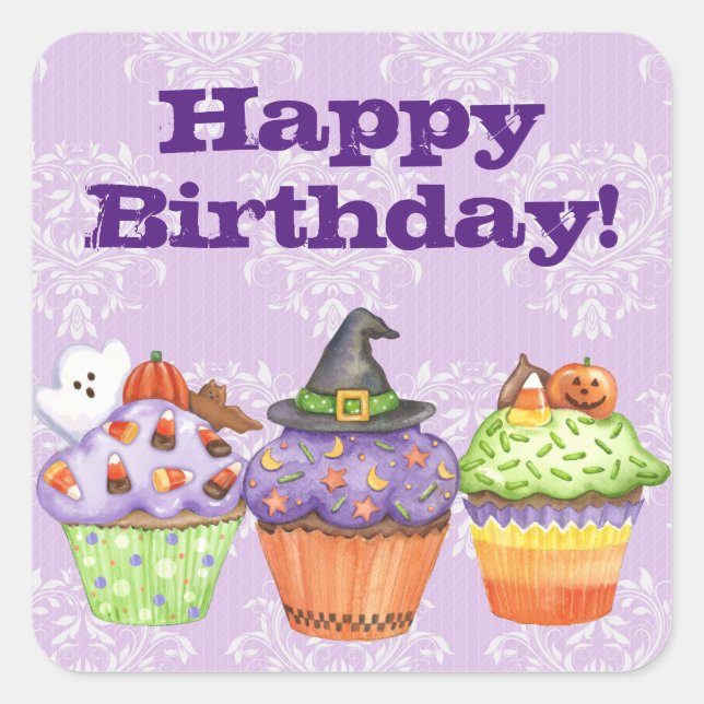 Pretty Purple Halloween Cupcakes Happy Birthday Square Sticker (Front)
