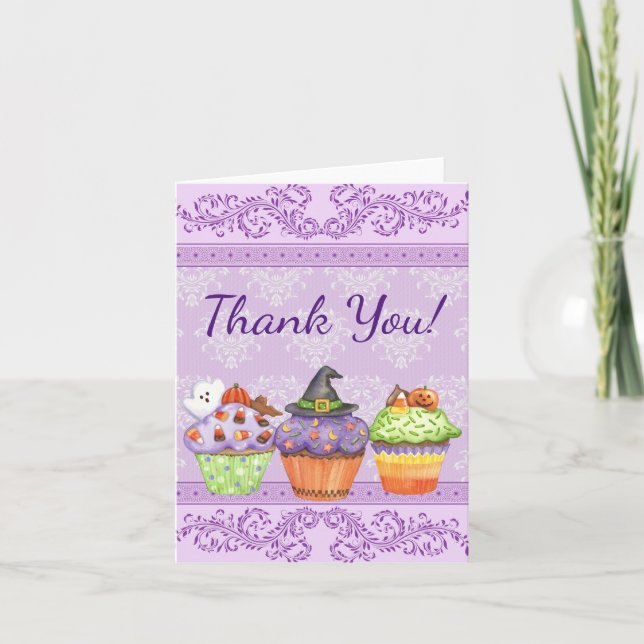 Pretty Purple Halloween Cupcakes Thank You Card (Front)