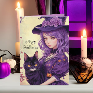 Pretty Purple Halloween Witch & Black Cat Vintage Holiday Card