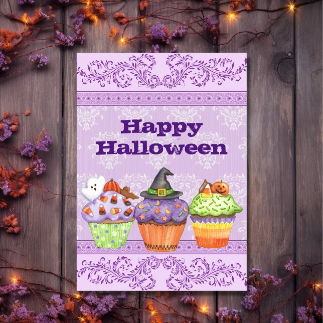 Pretty Purple Happy Halloween Cupcakes Holiday Card (Front - Pretty Purple Happy Halloween Cupcakes Holiday Card)