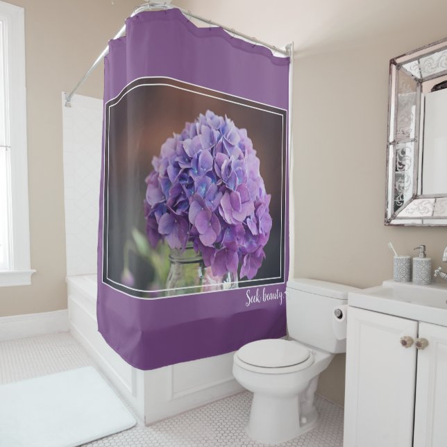 Pretty Purple Hydrangea in Mason Jar Photograph Shower Curtain (In Situ)