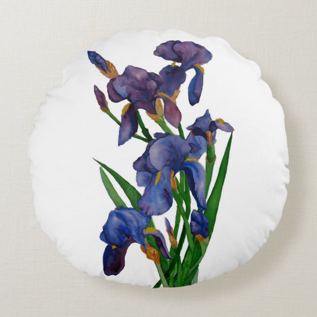 Pretty purple iris watercolour round cushion (Front)