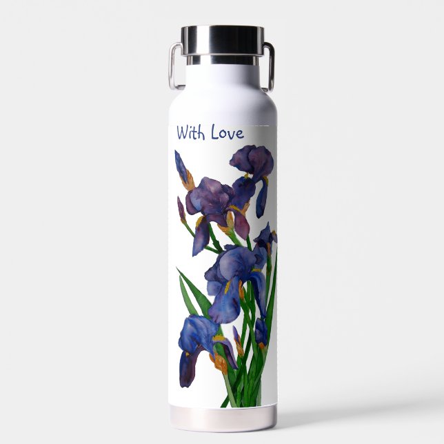 Pretty Purple Iris watercolour  Water Bottle (Front)