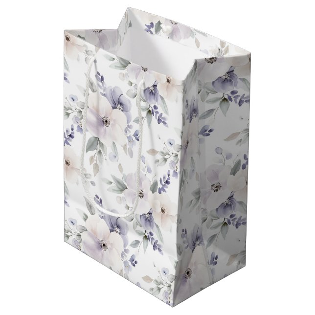 Pretty Purple Ivory Lavender Flowers Bridal Shower Medium Gift Bag (Front Angled)