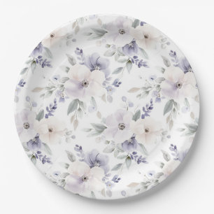 Pretty Purple Ivory Lavender Flowers Bridal Shower Paper Plate