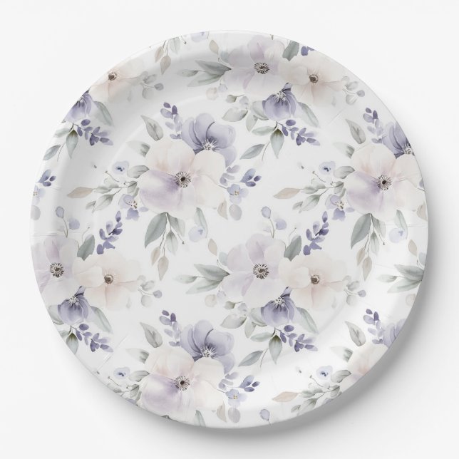 Pretty Purple Ivory Lavender Flowers Bridal Shower Paper Plate (Front)