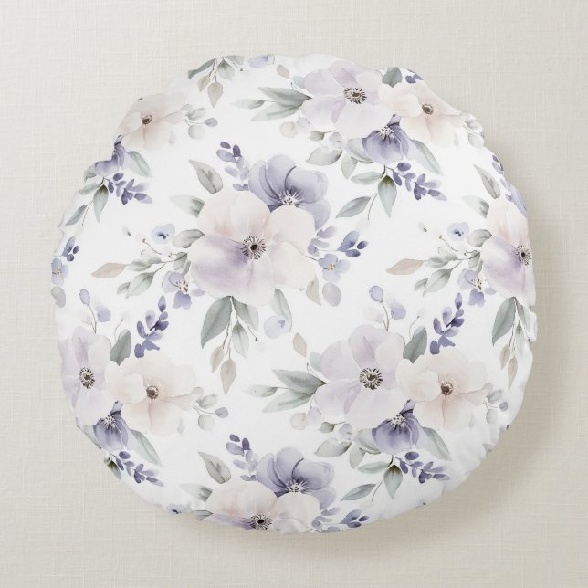 Pretty Purple Ivory Lavender Flowers Round Cushion (Front)