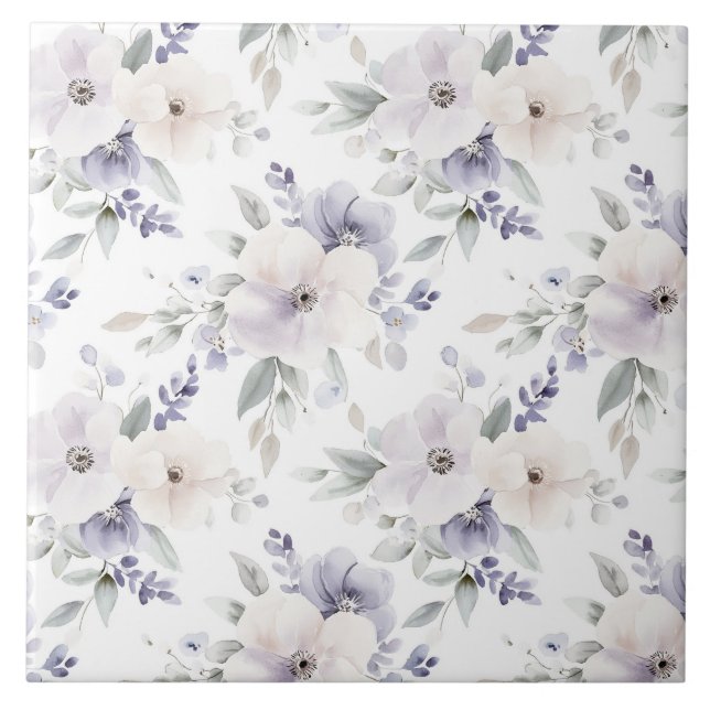 Pretty Purple Ivory Lavender Flowers Tile (Front)