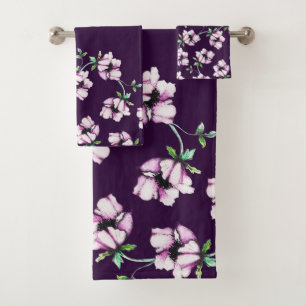 Pretty Purple Jewel Tone & Watercolor Flowers Bath Towel Set