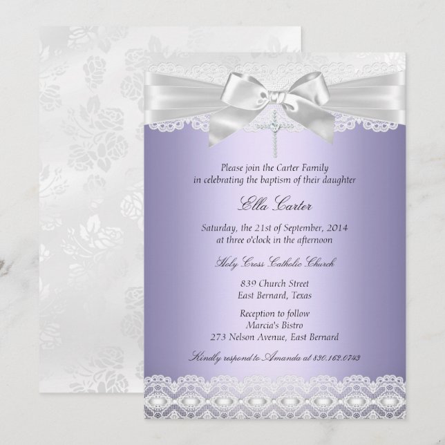 Pretty Purple Lace & Cross Baptism Invite (Front/Back)