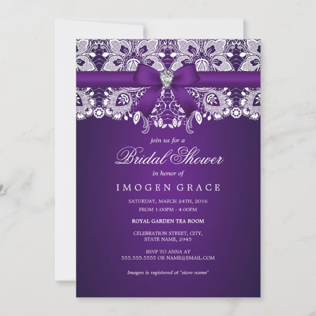 Pretty Purple Lace & Diamond Bow Bridal Shower Invitation (Front)