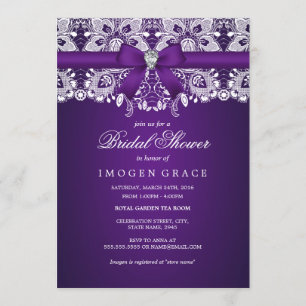Pretty Purple Lace & Diamond Bow Bridal Shower Invitation